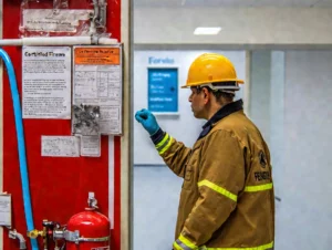Fire Watch (man) reviewing instructions on wall